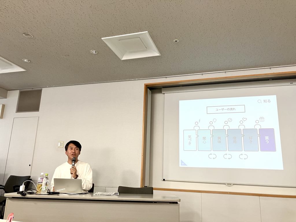 セミナー登壇者 松崎匡浩（まつざき まさひろ）が集客の流れについてスライドの内容を説明している